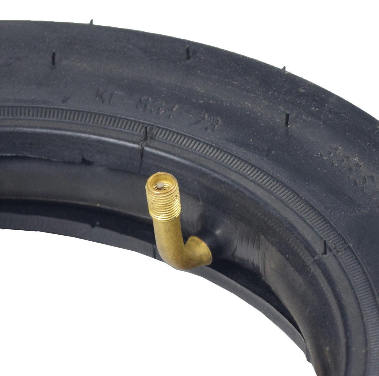 10x2.125 Tire & Tube Set for the Swagtron SwagCycle featuring a black tire and brass tube, shown in a close-up emphasizing the tire tread and durable synthetic rubber material.