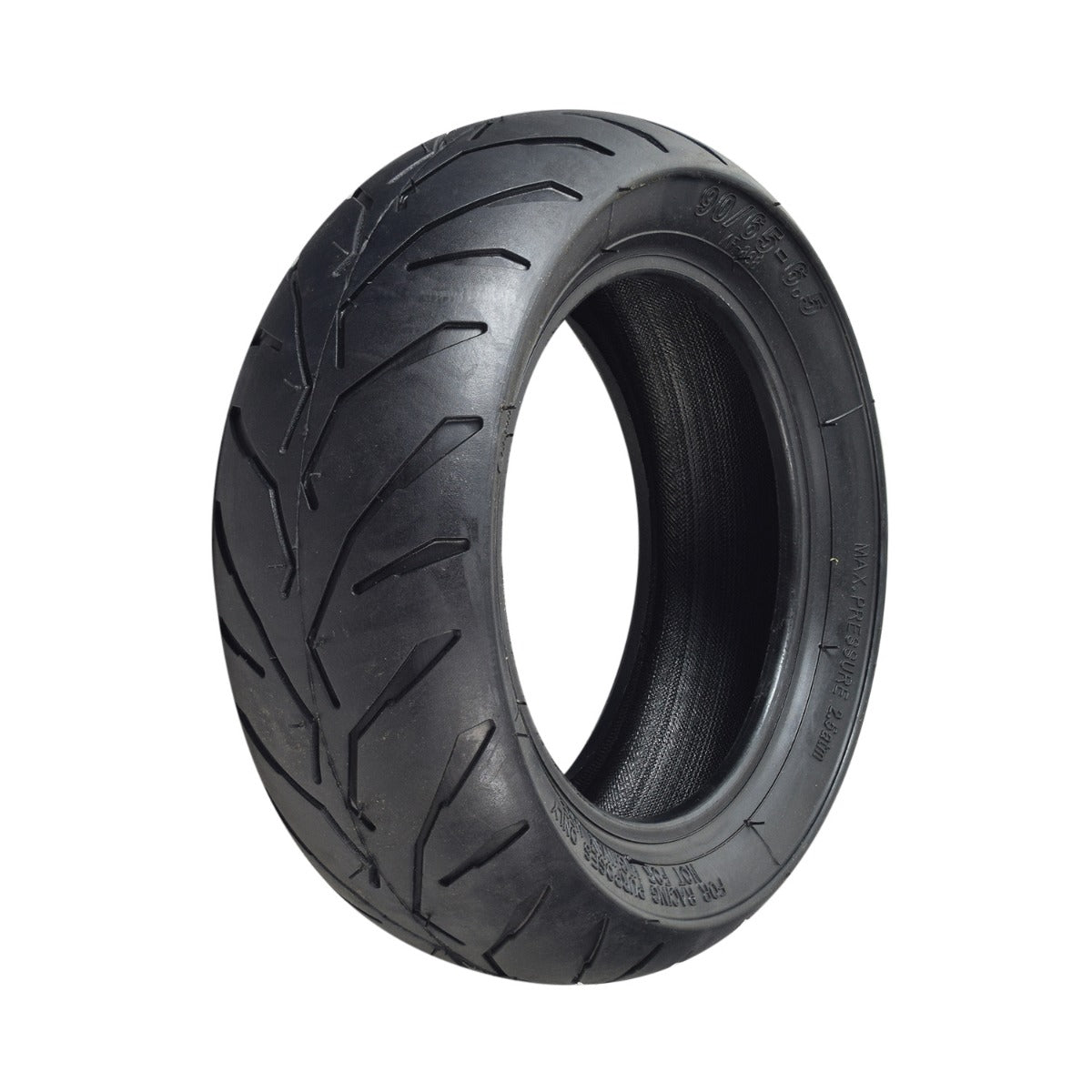 90/65-6.5 Pocket Bike Tire featuring shallow-siped street tread, designed for models like X-Treme XP-700 and XP-489. Available with an optional inner tube with an angled valve stem.