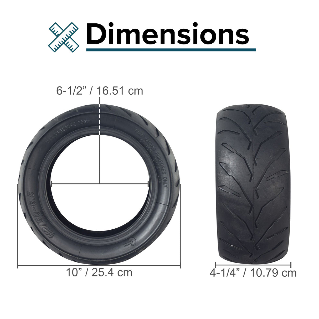 110/50-6.5 Pocket Bike Tire with siped tread for excellent traction, shown in close-up with size measurements. Suitable for pocket bikes like X-Treme XP-700, requires an inner tube.