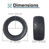 110/50-6.5 Pocket Bike Tire with siped tread for excellent traction, shown in close-up with size measurements. Suitable for pocket bikes like X-Treme XP-700, requires an inner tube.