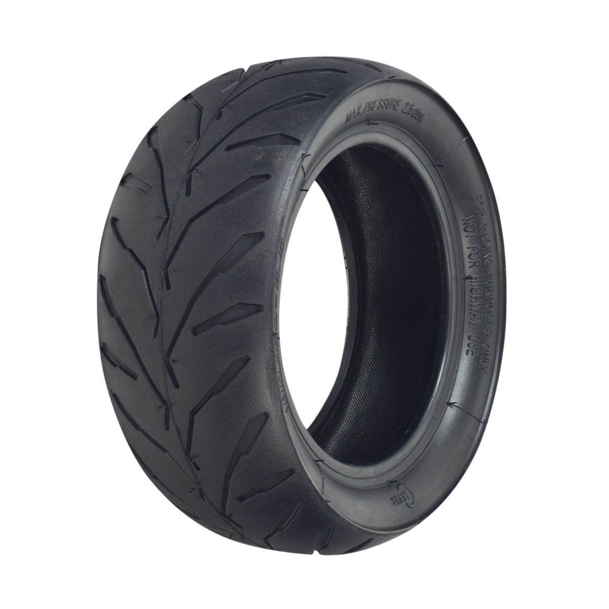 110/50-6.5 Pocket Bike Tire with thin, siped tread for excellent traction, suitable for models like X-Treme XP-700. Close-up of tire showcasing tread pattern.