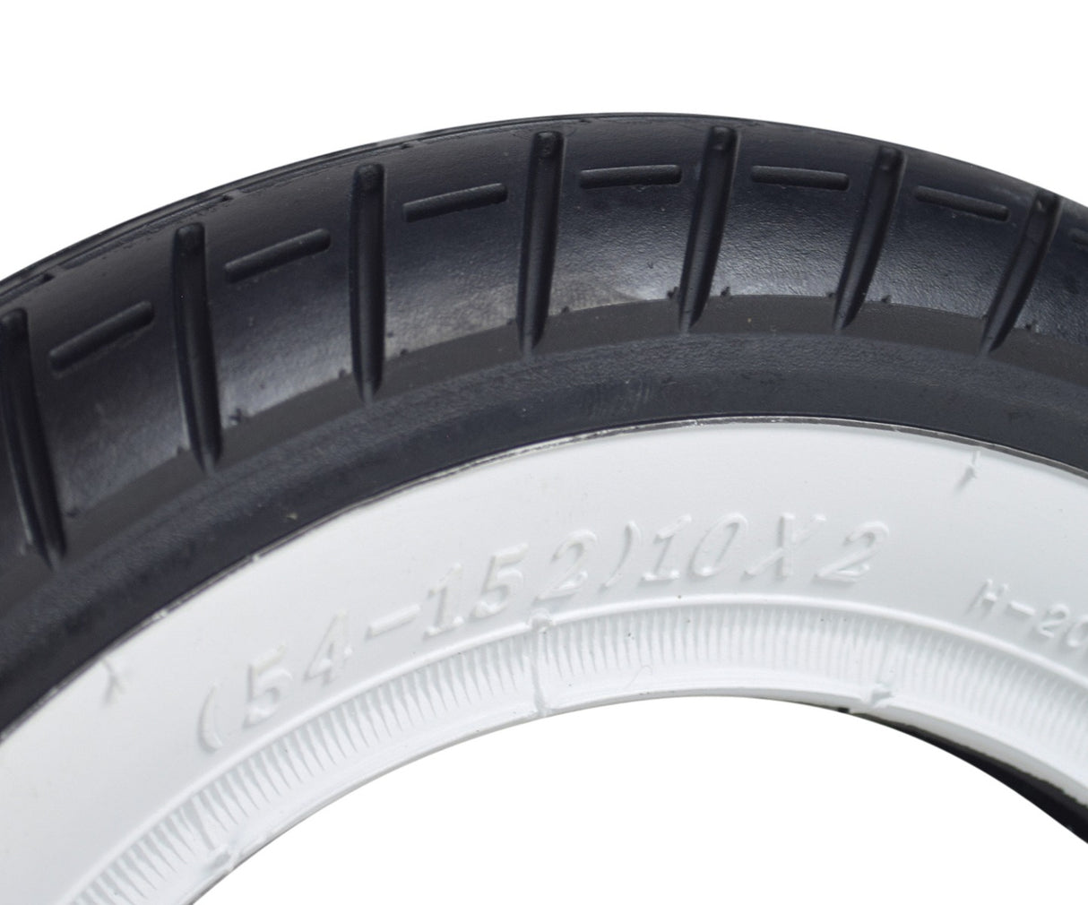 10x2 Pneumatic Whitewall Tire for the Razor Pocket Mod Petite, showcasing a close-up of the tire's retro-style whitewall side and shallow-siped street tread, ideal for a classic scooter look.