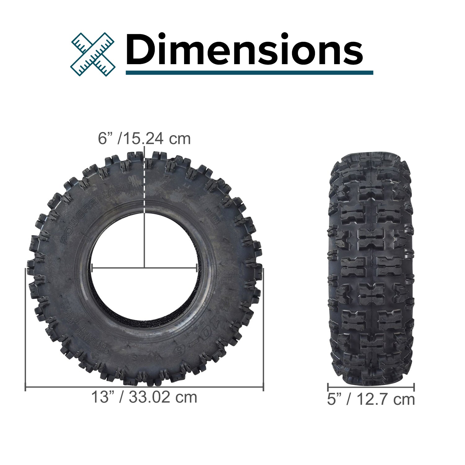 4.10-6 ATV & Mini Bike Tire shown in a size comparison with measurements, featuring a cross-section view highlighting its aggressive tread pattern designed for superior grip on loose surfaces.