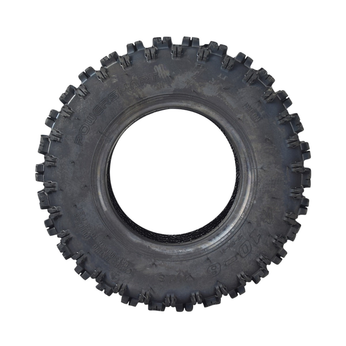 4.10-6 Knobby Tread Tire for the X-PRO 40cc Mini Bike, featuring a black tire with an aggressive tread pattern for superior grip, mounted on a black rim.