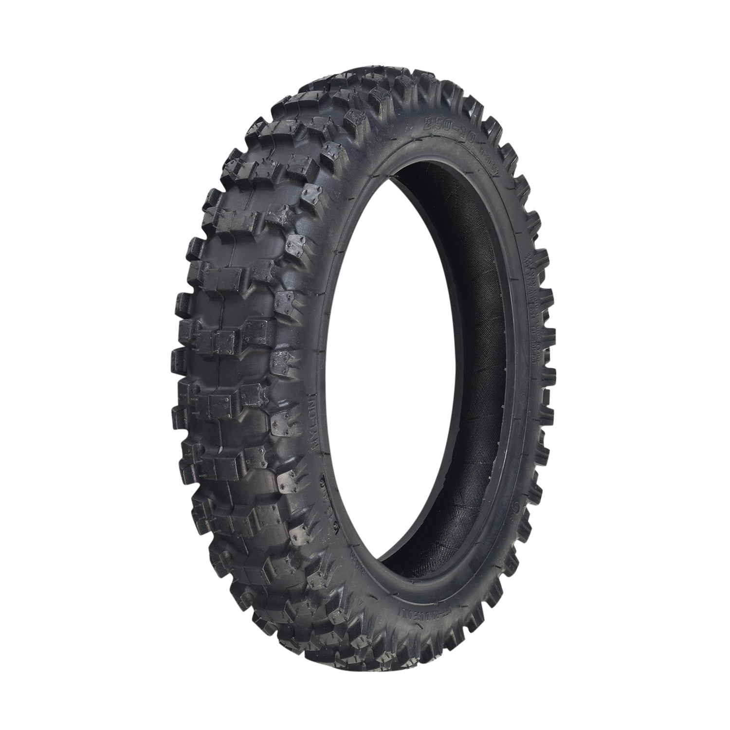 2.50-10 Dirt Bike Tire with Directional Knobby Tread, featuring close-up of thick treads, suitable for various mini dirt bikes, compatible with inner tubes for optimal traction and performance.