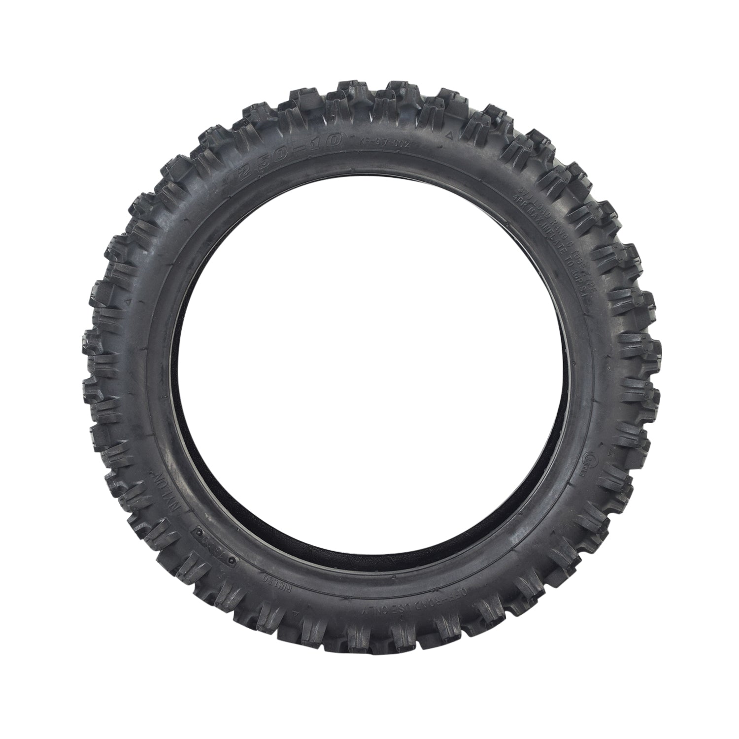 2.50-10 Dirt Bike Tire with Directional Knobby Tread, displayed in a standalone view against a plain background, highlighting its robust tread pattern suitable for various mini dirt bikes.