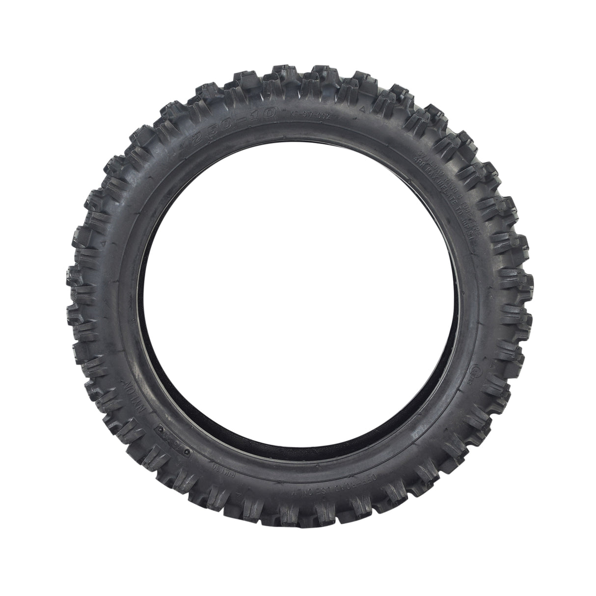 2.50-10 Dirt Bike Tire with Directional Knobby Tread, displayed in a standalone view against a plain background, highlighting its robust tread pattern suitable for various mini dirt bikes.