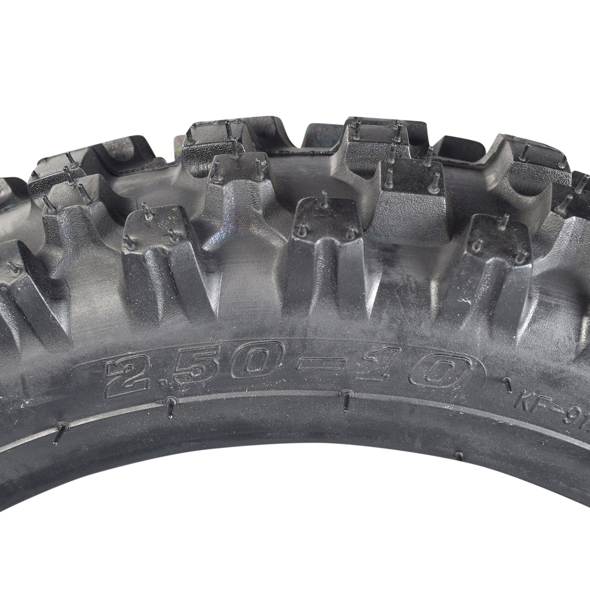 2.50-10 Dirt Bike Tire with Directional Knobby Tread, featuring a close-up of the black tire's knobby tread pattern, designed for superior traction and compatibility with various mini dirt bikes.