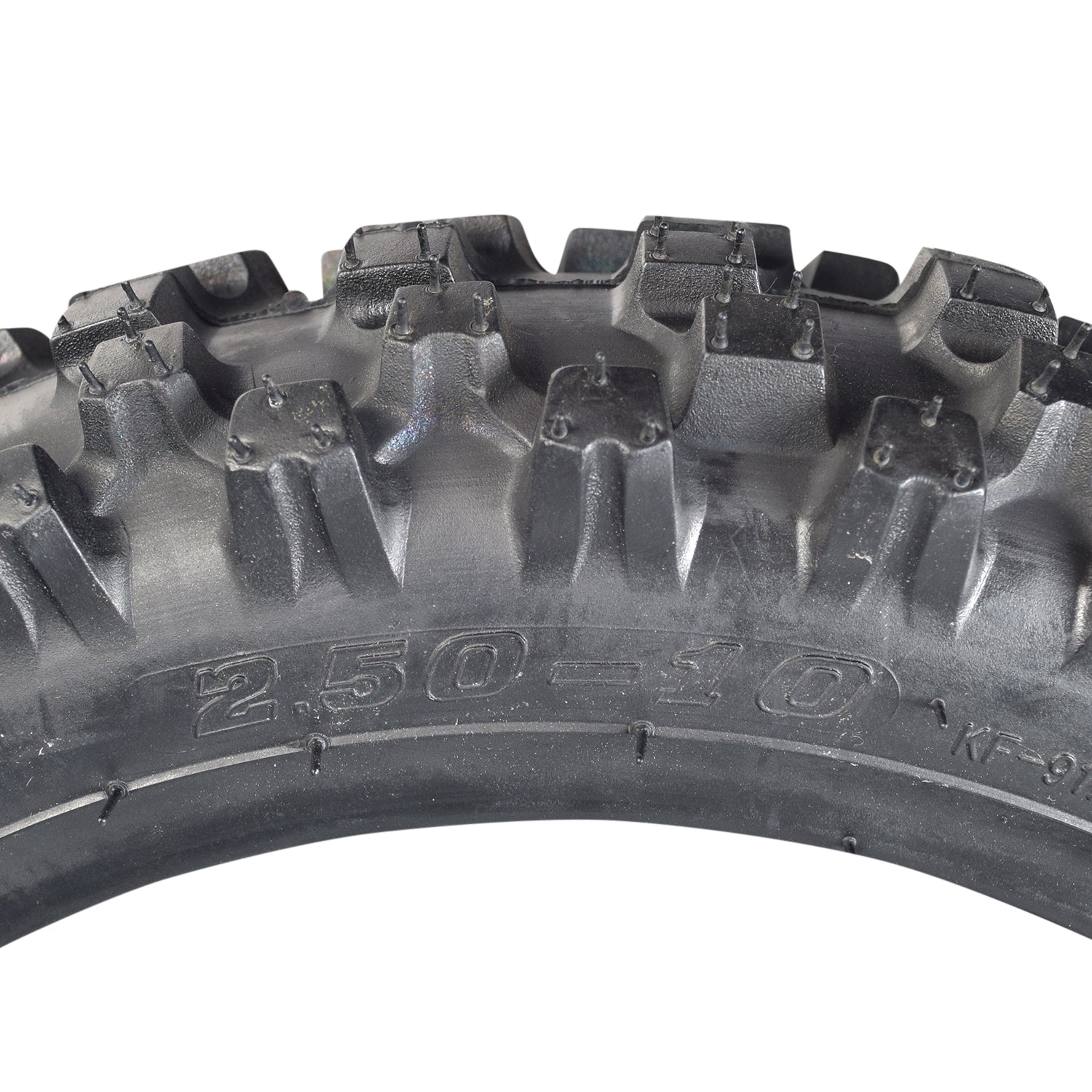 2.50-10 Dirt Bike Tire for Baja, Honda, & Motovox Dirt Bikes, featuring a close-up of the directional knobby tread pattern for optimal traction on various mini dirt bikes.