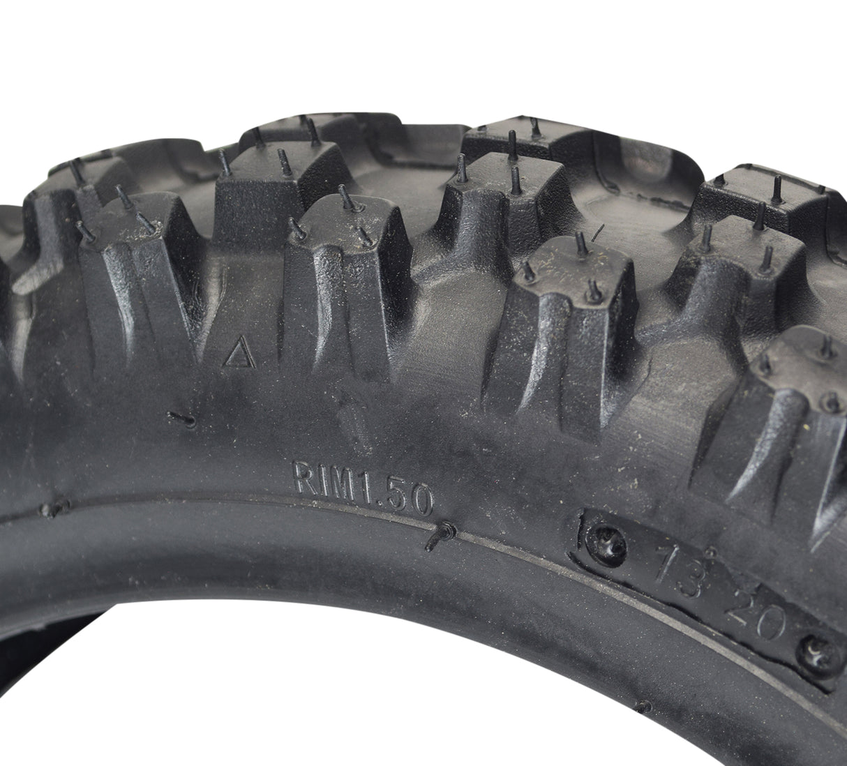 Close-up of the 2.50-10 knobby tread tire for 70cc Coolster QG-210 & 110cc QG-213A dirt bikes, highlighting its directional tread pattern for optimal traction.