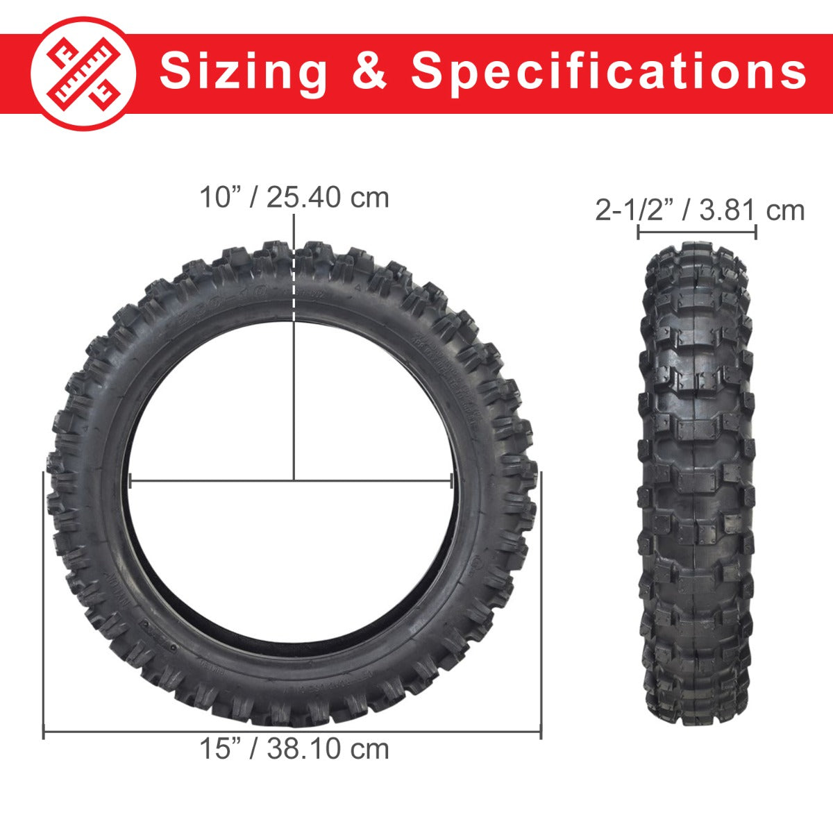 2.50-10 Dirt Bike Tire with Directional Knobby Tread, shown in a tire size comparison chart with cross-section and close-up views. Includes optional inner tubes with straight or angled valve stems.