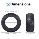 8.5 (200x90) Solid Tire for Hoverboards with knobby tread, shown in a tire size comparison chart. Ideal for models like Gyroor Warrior G2, ensuring flat-free performance without the rim.