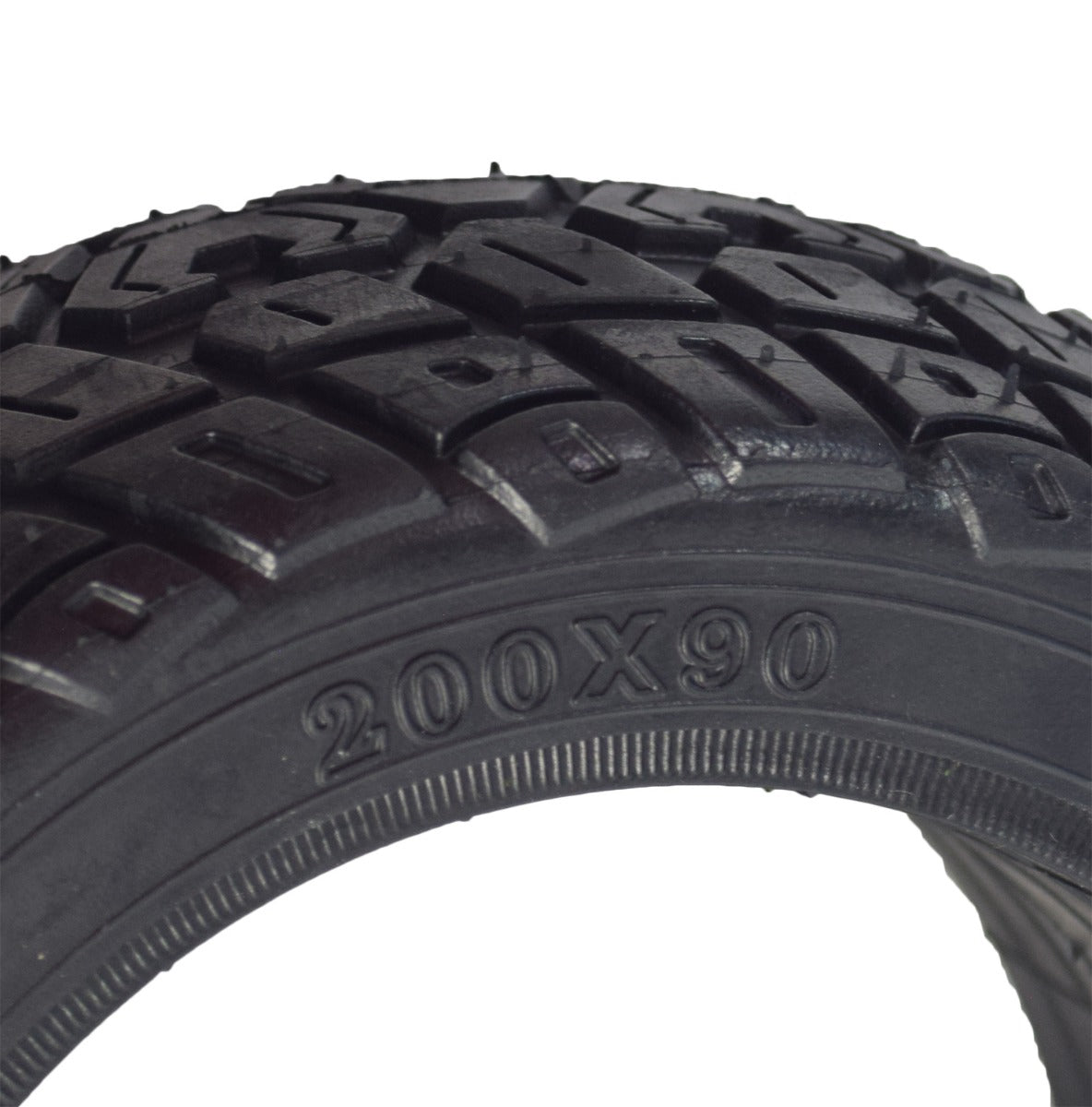 Close-up of an 8.5 (200x90) solid tire for hoverboards, showcasing its knobby all-terrain tread designed for flat-free performance. Compatible with Gyroor Warrior G2 and similar models.