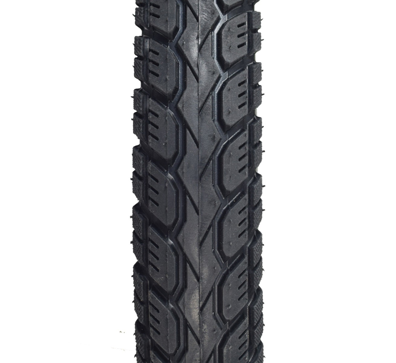 Close-up of the 16x2.125 Pneumatic Tire for Electric Bicycles, showcasing its directional tread and shallow-siped street pattern, designed for optimal performance on hard surfaces like city streets.