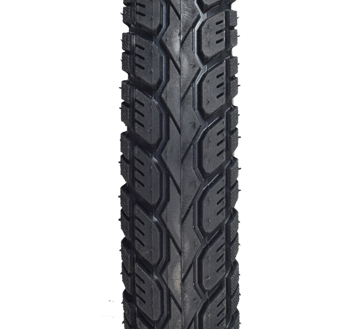 Close-up of the 16x2.125 Pneumatic Tire for Electric Bicycles, showcasing its directional tread and shallow-siped street pattern, designed for optimal performance on hard surfaces like city streets.