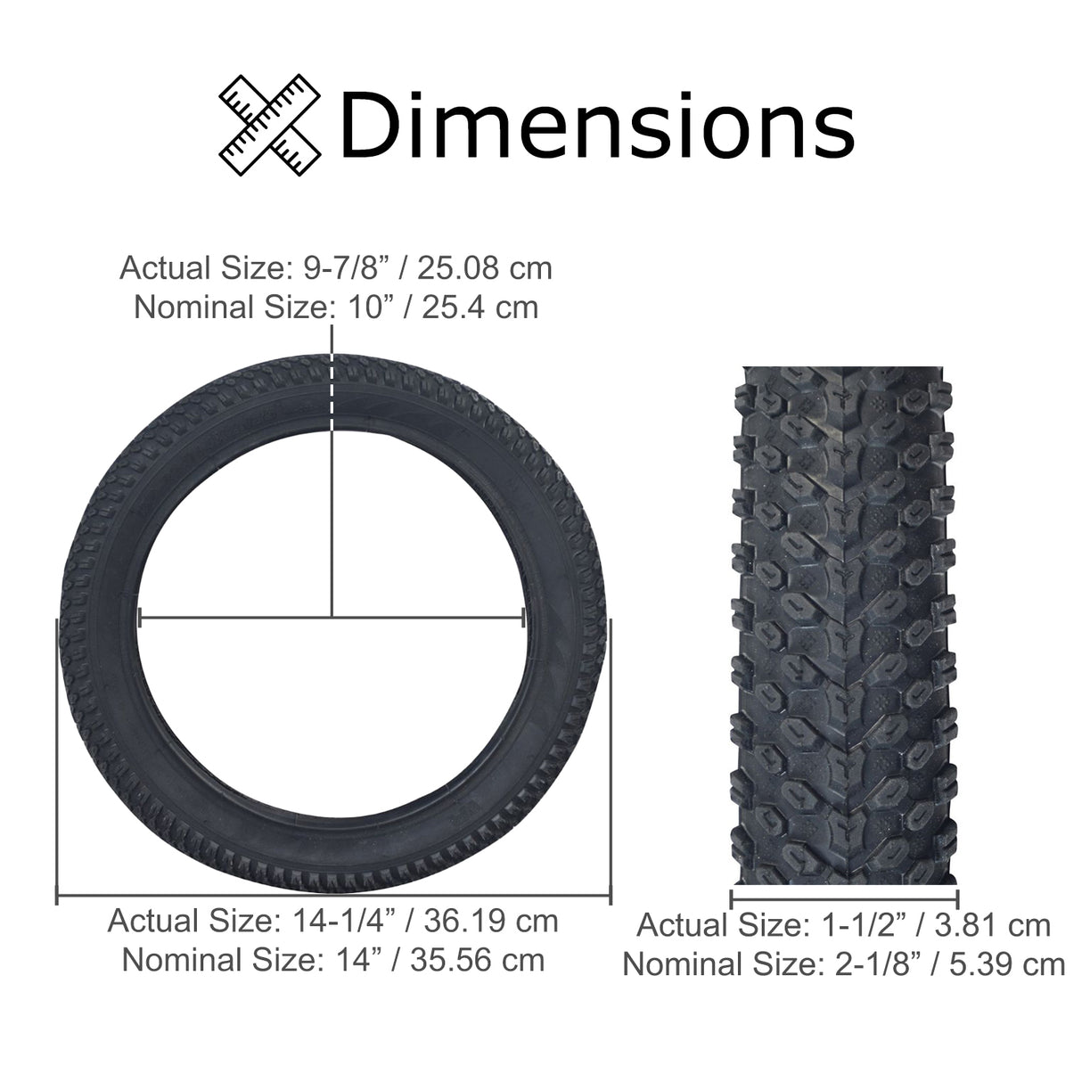 14x2.125 (57-254) Pneumatic Tire for Electric Bikes featuring a knobby tread, displayed with a close-up cross-section and tire size chart. Ideal for various terrains, requiring an inner tube.