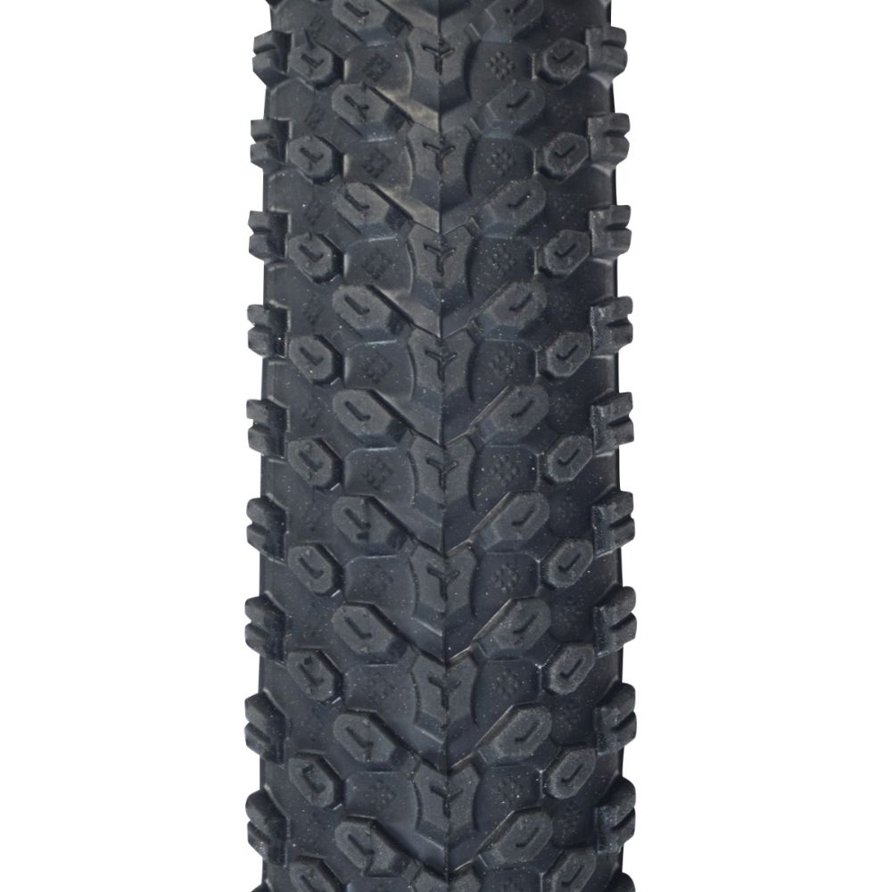 Close-up of the 14x2.125 (57-254) Pneumatic Tire for Electric Bikes, showcasing its knobby tread designed for optimal performance on both soft ground and hard concrete.