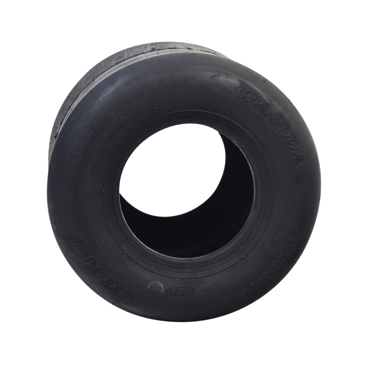 11x7.10-5 Tubeless Slick Tire for Drift Trikes & Go-Karts, featuring a black treadless rubber design with a central hole, ideal for high-velocity racing and drifting on various surfaces.