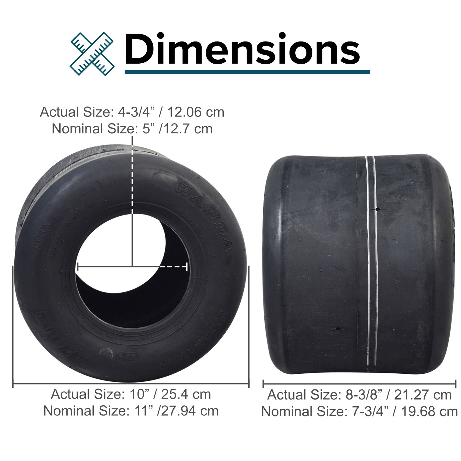 11x7.10-5 Tubeless Slick Tire for Drift Trikes & Go-Karts, featuring a smooth, treadless surface designed for high-speed performance and drifting, with visible white text and markings.