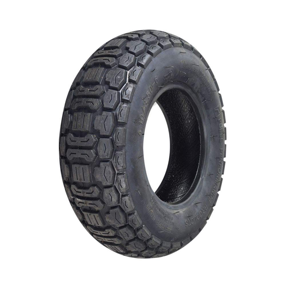 4.10/3.50-6 Tire for the Pulse ATV Quad Ride-On, featuring a knobby tread for maximum traction and control on challenging terrains. Close-up shows the detailed black tread pattern.