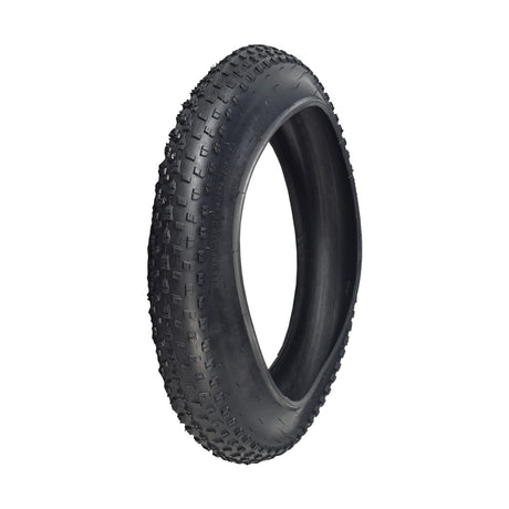 20x4 Knobby Fat Bike Tire with aggressive tread pattern, featuring large, meaty knobs for excellent braking traction and predictable cornering on all terrains. Ideal for BMX-style and electric bikes.