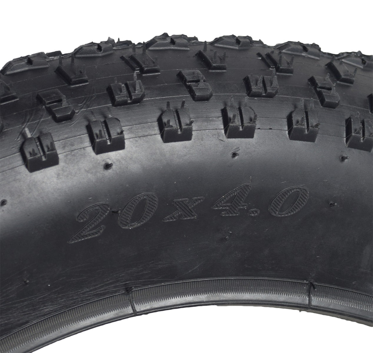 20x 4.0 Tire for the Swagtron EB6 Bandit Fat Tire Electric Bike featuring meaty knobs for all-terrain grip, excellent cornering, and traction. Close-up shows robust tread pattern.