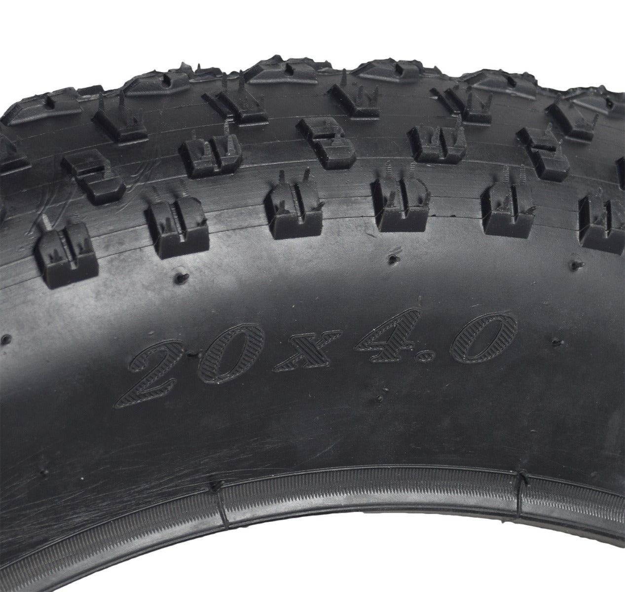 Close-up of a 20x4.0 tire for the GOTRAX EBE4 Fat Tire Electric Bike, featuring meaty knobs for all-terrain traction, excellent cornering, and braking performance.