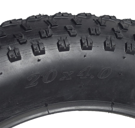 Close-up of a 20x4 Knobby Tire for HeyBike Mars & Ranger Electric Bikes, showcasing its robust, meaty knobs designed for superior traction and performance in all riding conditions.