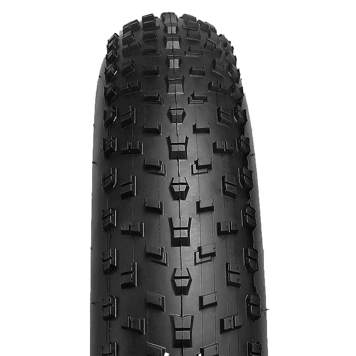 Close-up of the 20x 4.0 Knobby Fat Bike Tire, featuring small square patterns for aggressive all-mountain/freeride use, providing excellent traction and cornering on gravel and dirt trails.