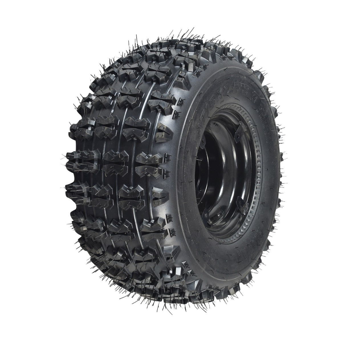 18x9.5-8 Rear Wheel Assembly for Coleman AT125-EX & AT125-UT ATVs featuring a black tire with knobby tread spikes, ideal for soft surfaces, and a rim without hub or bearings.