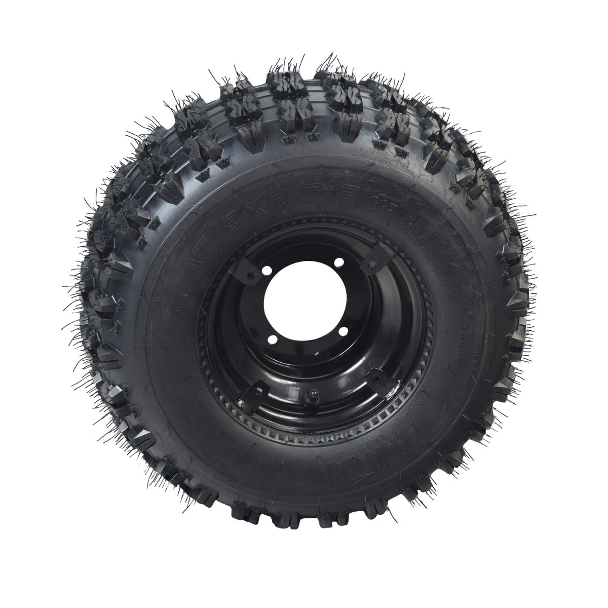 18x9.5-8 Rear Wheel Assembly for Coleman AT125-EX & AT125-UT ATVs, featuring a black tire with knobby spikes, suitable for rugged terrains. Note: No mounting brackets, hub, or bearings included.