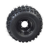 18x9.5-8 Rear Wheel Assembly for Coleman AT125-EX & AT125-UT ATVs, featuring a black tire with knobby spikes, suitable for rugged terrains. Note: No mounting brackets, hub, or bearings included.