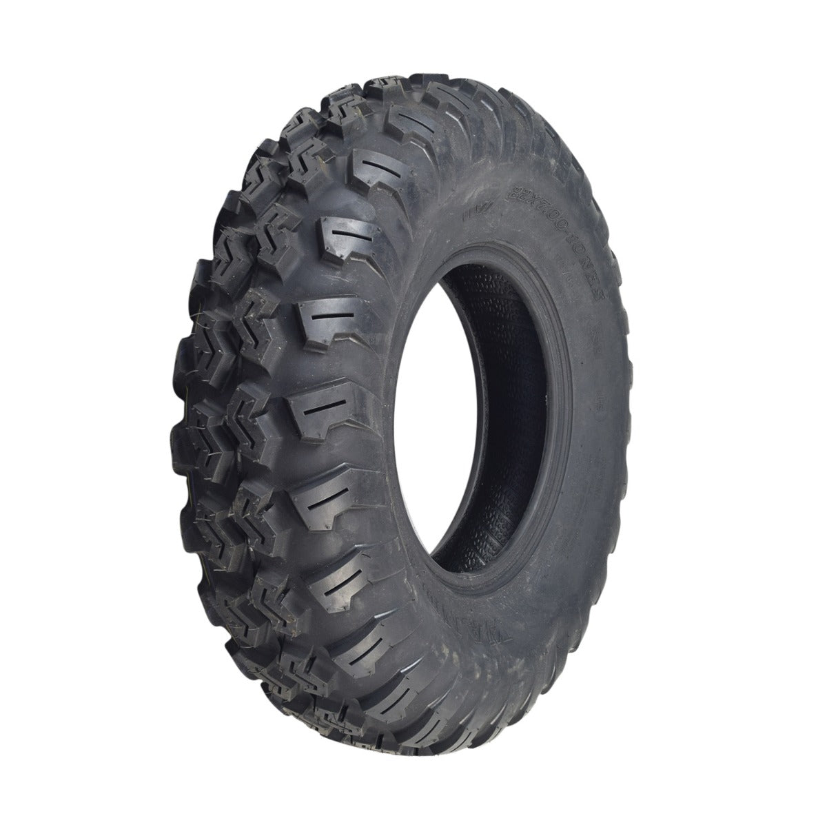 22x7-10 Front Tire for the Massimo Buck 250 UTV, showcasing an aggressive knobby tread for maximum traction on tough terrains. This tubeless pneumatic tire is compatible with various UTV models.