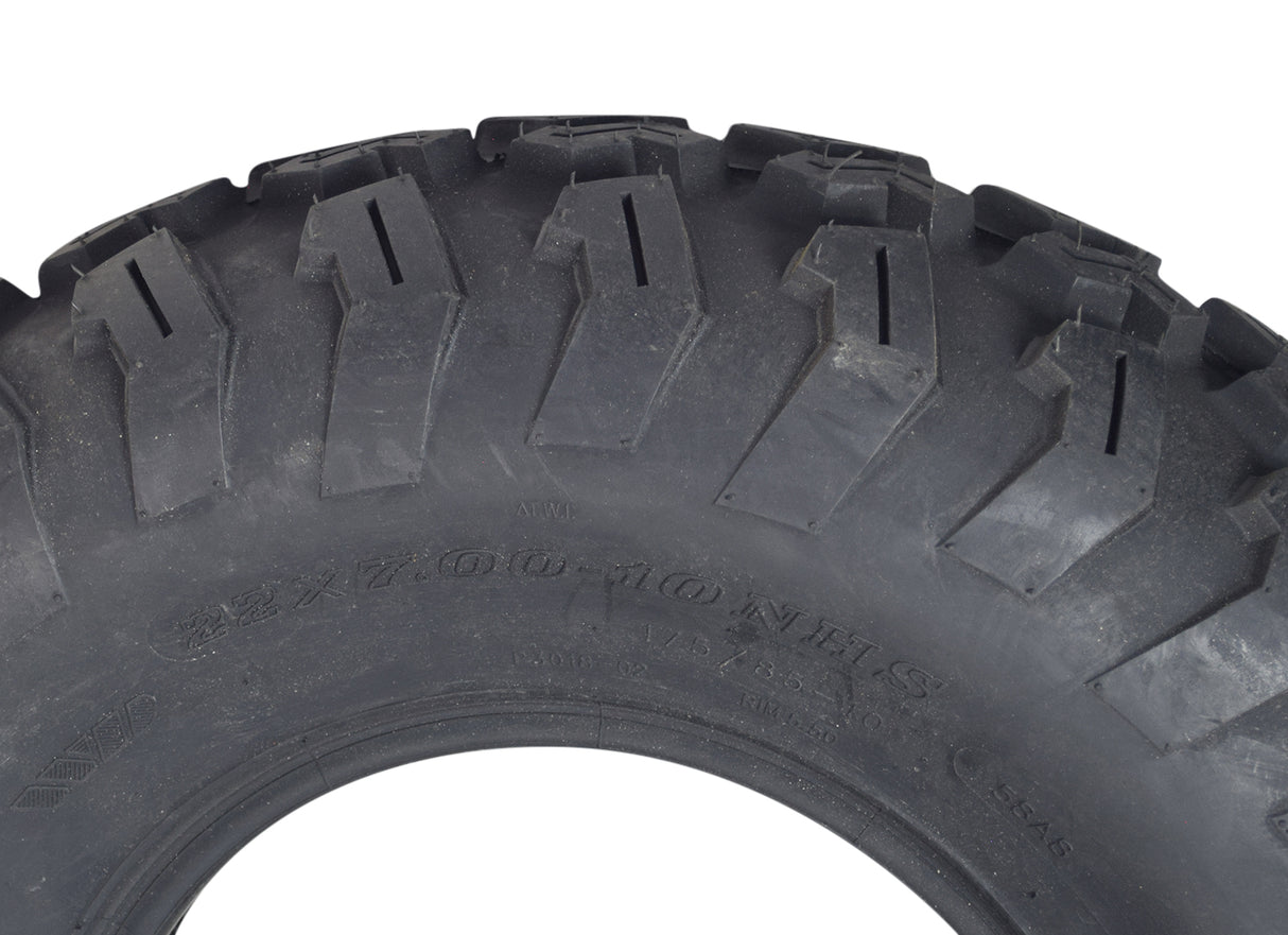 Close-up of the 22x7-10 front tire for the Massimo Buck 250 UTV, showcasing its aggressive knobby tread designed for tough terrains.