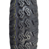 Close-up of the 22x7-10 front tire for the Massimo Buck 250 UTV, showcasing its aggressive knobby tread designed for maximum traction on tough terrains.