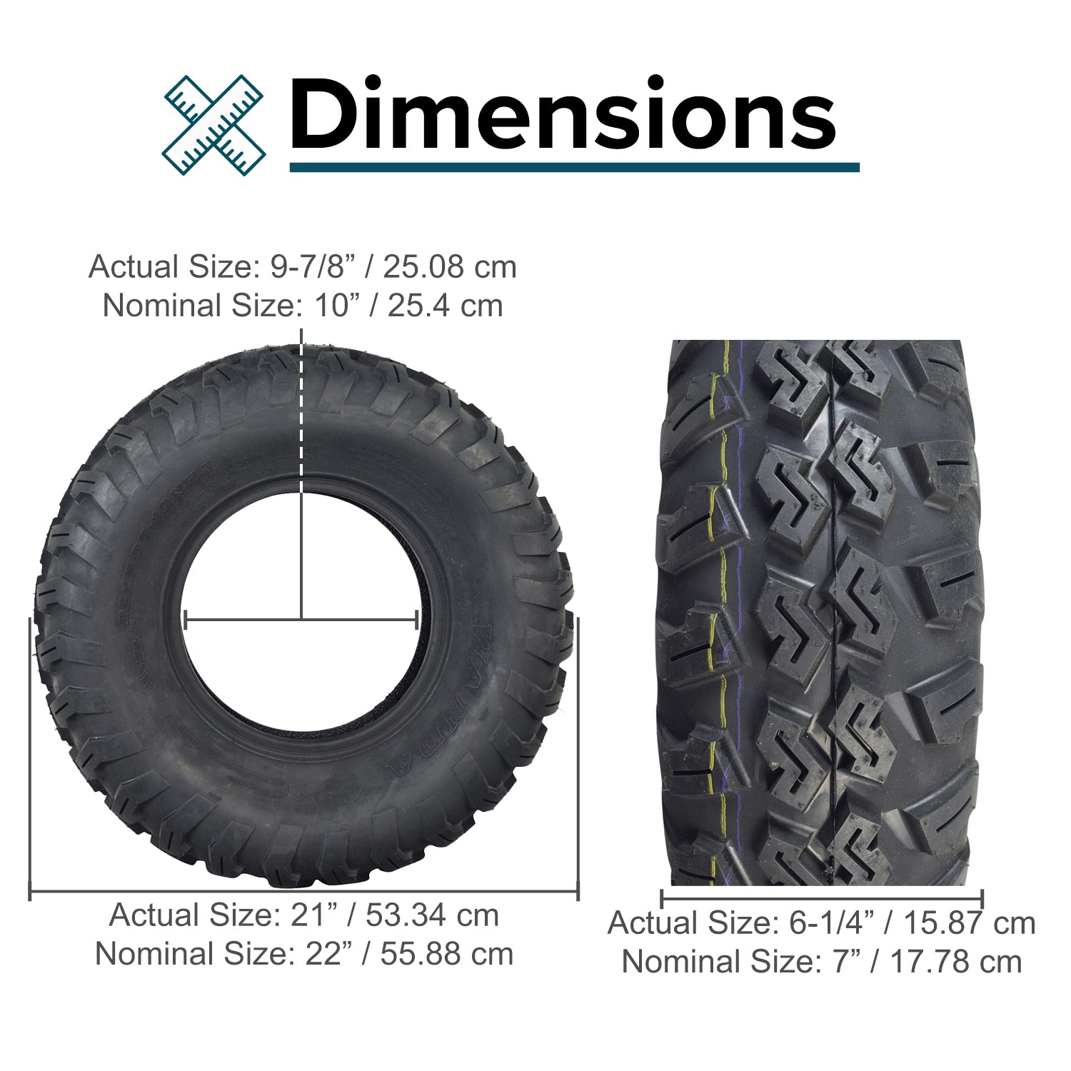 22x7-10 Front Tire for the Massimo Buck 250 UTV with aggressive knobby tread, shown in size comparison and close-up, highlighting its tubeless pneumatic design for maximum traction on tough terrains.