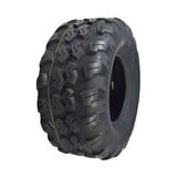 22x10-10 Rear Tire for the Massimo Buck 250 UTV featuring a yellow stripe and knobby tread for maximum traction on tough terrains. Close-up showcases durable, synthetic rubber construction.