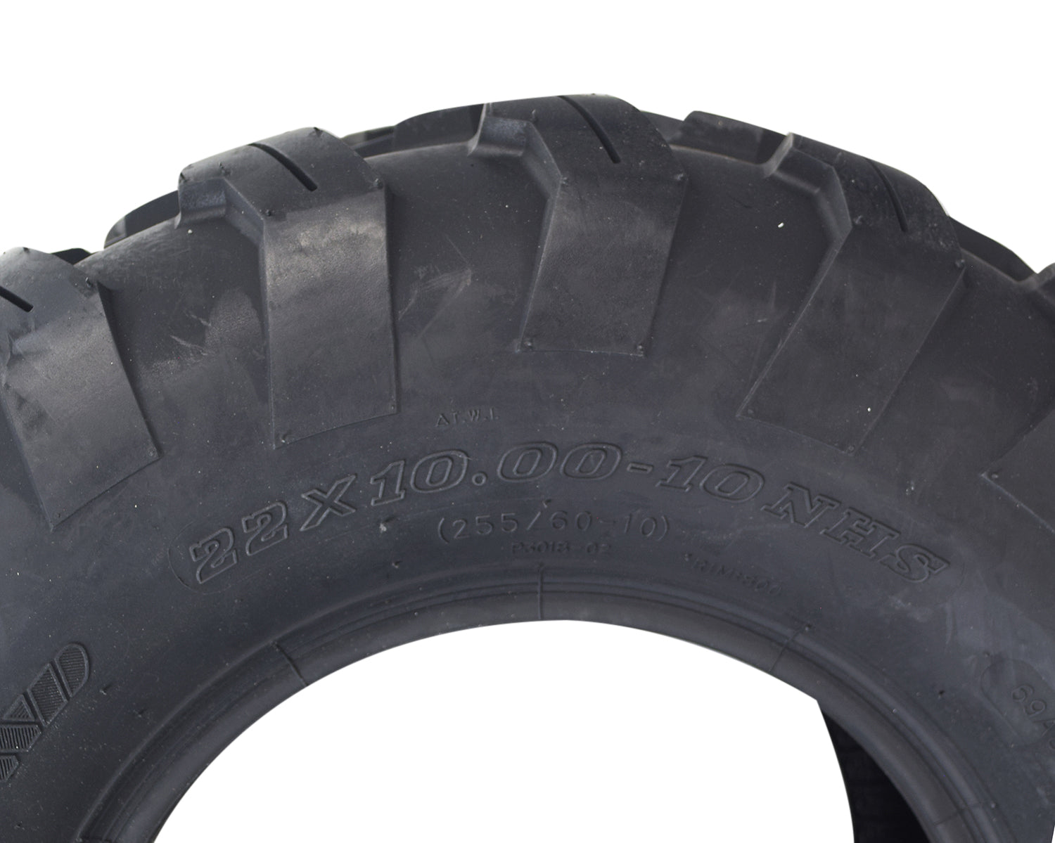 Close-up of the 22x10-10 Rear Tire for the Massimo Buck 250 UTV, showcasing its knobby tread pattern designed for maximum traction and control on tough terrains.