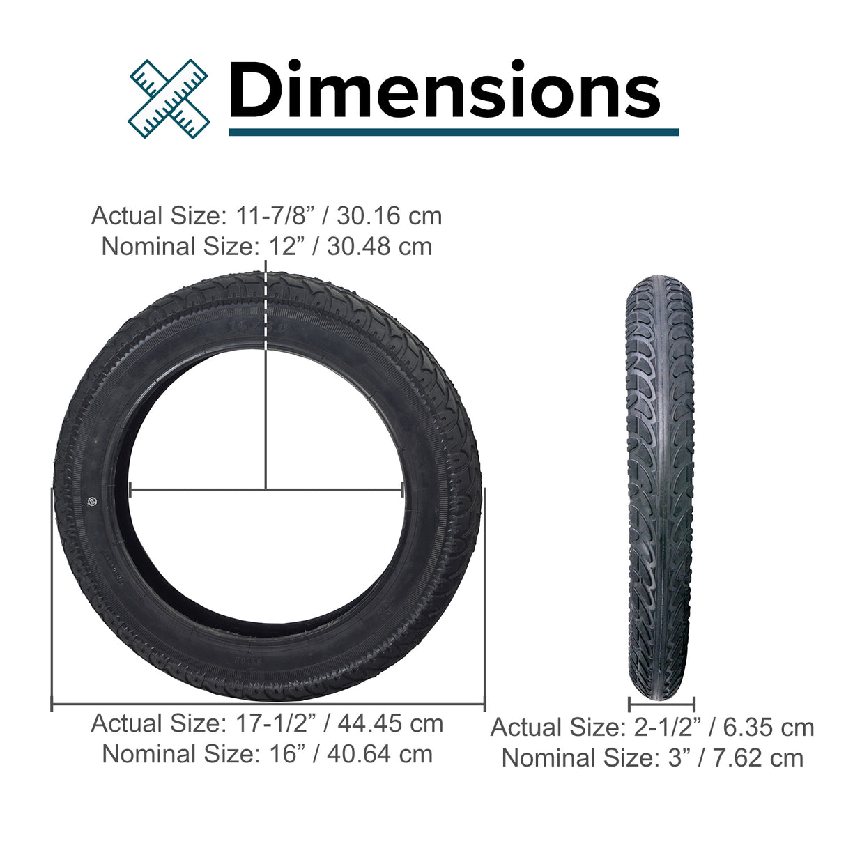 16x3.0 Pneumatic Tire for the Razor Rambler 16 Electric Mini Bike, featuring D149-032 tread, shown in a size comparison with measurements and a close-up detailing the tread pattern.