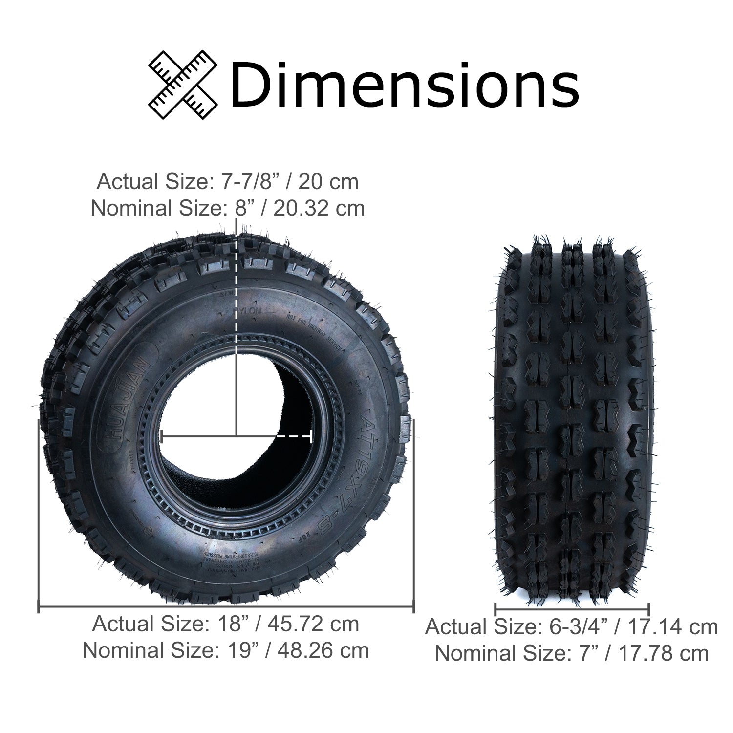 19x7-8 Front Tire for Coleman AT125-EX & AT125-UT ATVs, featuring knobby tread for traction, shown with size comparison, cross-section, and central hole for mounting on a 9 rim.