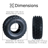 19x7-8 Front Tire for Coleman AT125-EX & AT125-UT ATVs, featuring knobby tread for traction, shown with size comparison, cross-section, and central hole for mounting on a 9 rim.