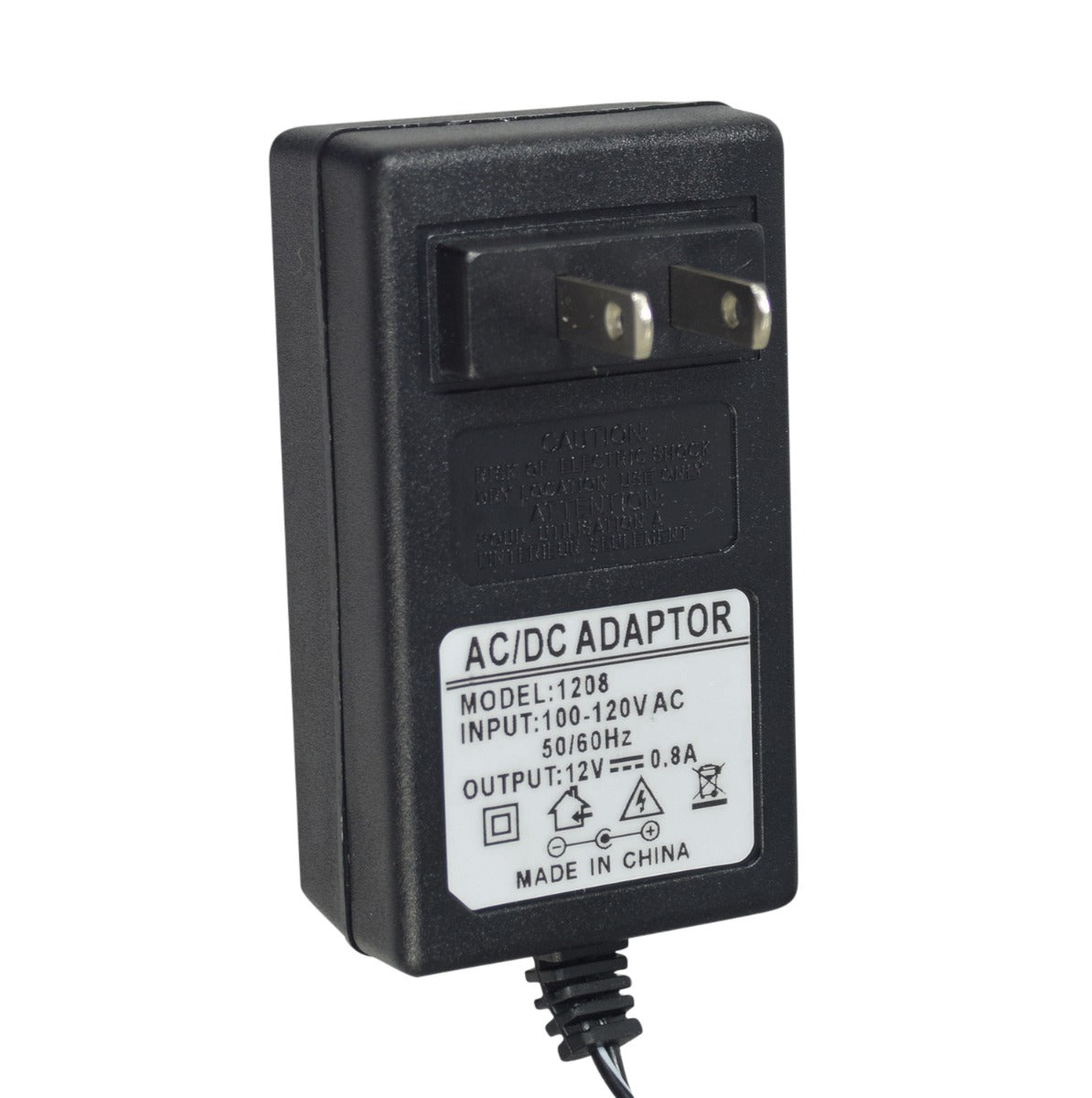 12 Volt 0.8 Amp 2.1mm ID Coaxial Battery Charger, featuring a black adapter with a cord and a white label. The close-up shows multi-color LED indicators for charge status.