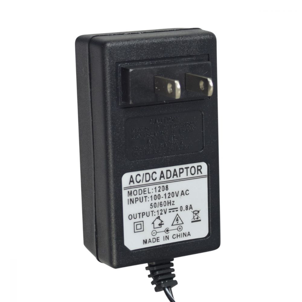 12 Volt 0.8 Amp 2.1mm ID Coaxial Battery Charger for the Kidzone 12V Bumper Car Ride On Toy, featuring a black adapter with a cord and a visible white label.