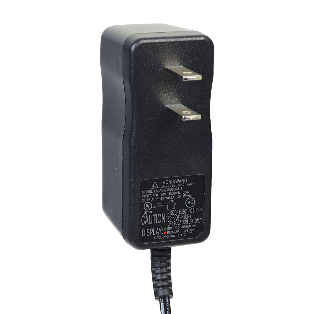 22 Volt 0.5 Amp Coaxial Battery Charger for Razor Drift Rider & RazorX Electric Skateboards, featuring a black power cord, rectangular adapter, and silver connectors, with a label indicating charging status.