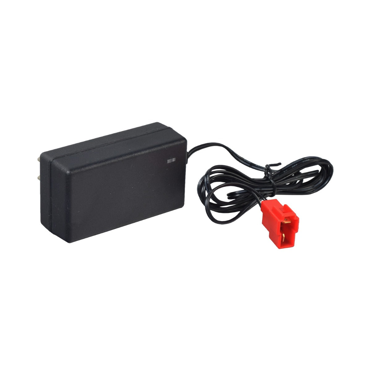 12 Volt 1.0 Amp Square End Battery Charger for Ride-On Toys, featuring a black box with a distinct red 2-pin connector cable, designed to fit various small electric ATVs, cars, and motorcycles.