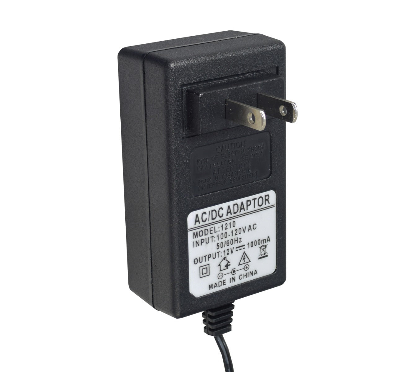 12 Volt 1.0 Amp Square End Battery Charger for Ride-On Toys, featuring a black adapter with cord and a close-up view of the caution sign and 2-pin connector.