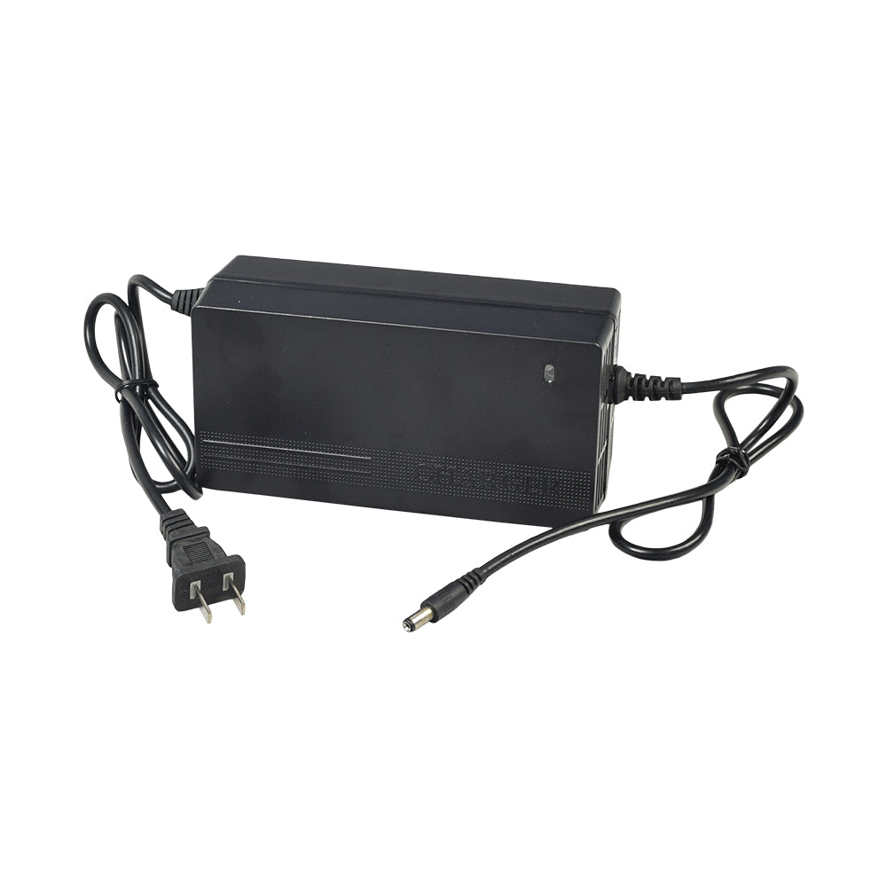 24 Volt 1.5 Amp 2.1 mm ID Coaxial Battery Charger, featuring a black rectangular power supply with an attached plug, suitable for replacing Qili Power chargers, with automatic shut-off and LED indicators.