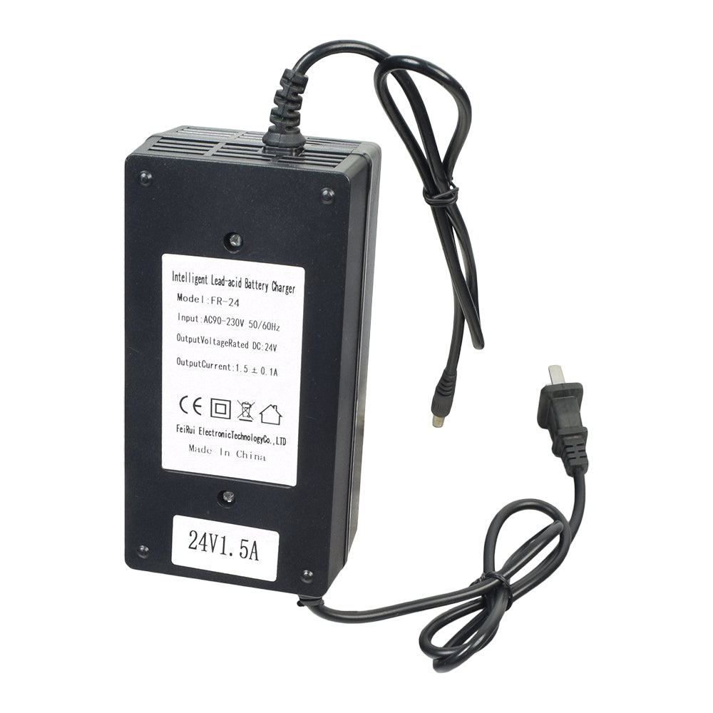 24 Volt 1.5 Amp 2.1 mm ID Coaxial Battery Charger for Pulse Electric Scooters, featuring a black rectangular body with a white label, close-up of the cord, and LED indicators for charging status.