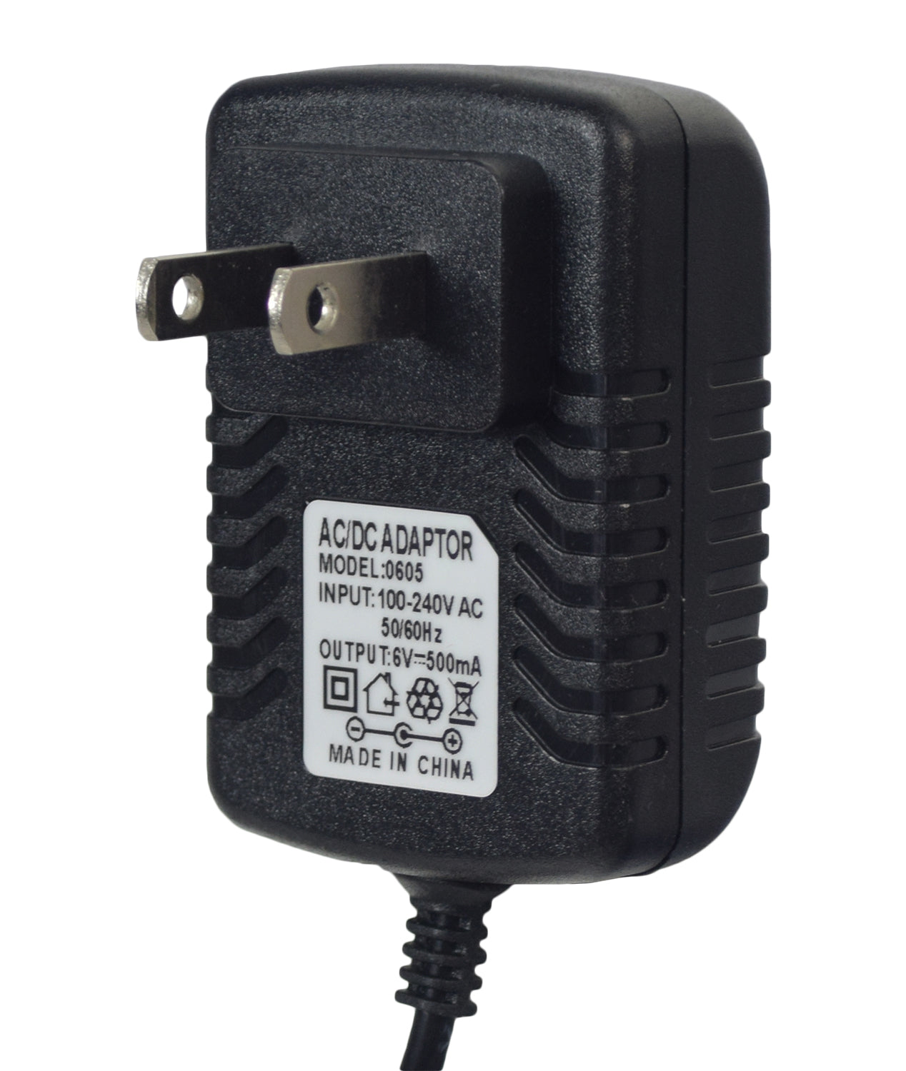 6 Volt 0.5 Amp Coaxial Battery Charger for Best Choice Products 6V Ride-On Toys, featuring a black adapter with a wire and a close-up of a white label on its surface.