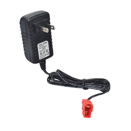 6 Volt 1.0 Amp Square End Battery Charger for Ride-On Toy ATVs, Cars, & Motorcycles, featuring a black power cord with a distinctive red 2-pin connector and a white label.